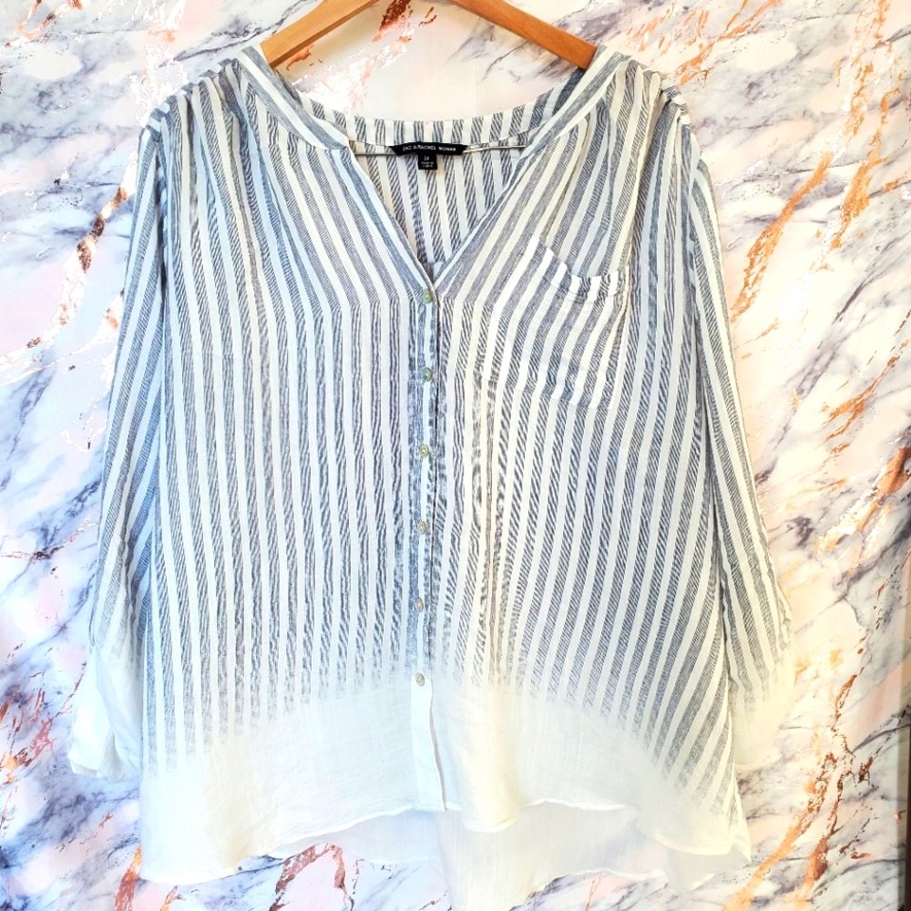 Zac & Rachel Women's Blouse 2X White & Blue Striped fade